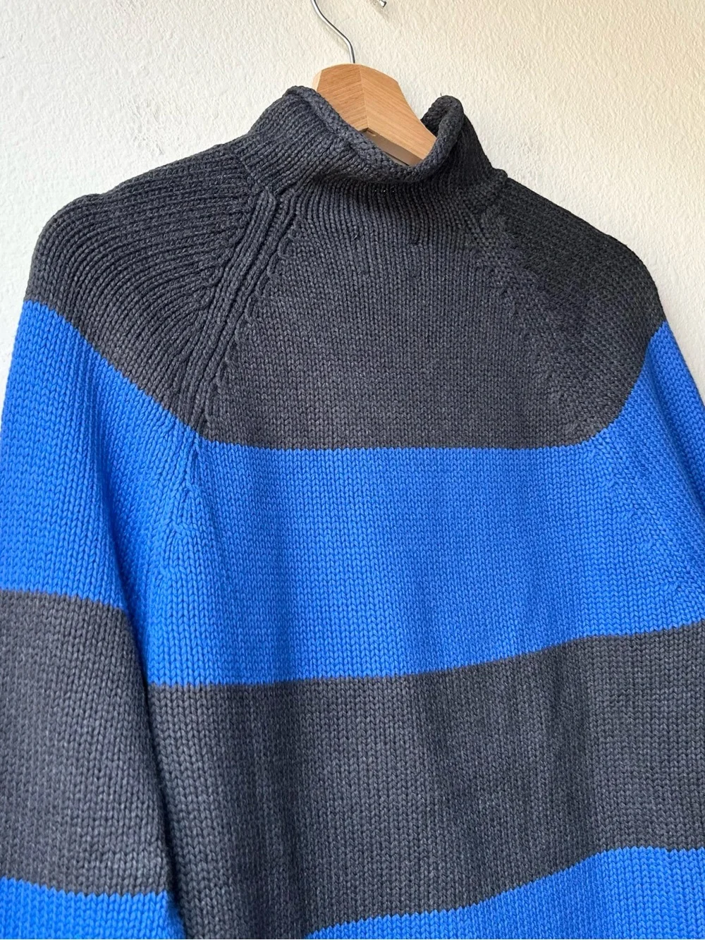 J. Crew 1988 Rollneck sweater in cotton hoop stripe Hthr Black Regal Blue Sz M